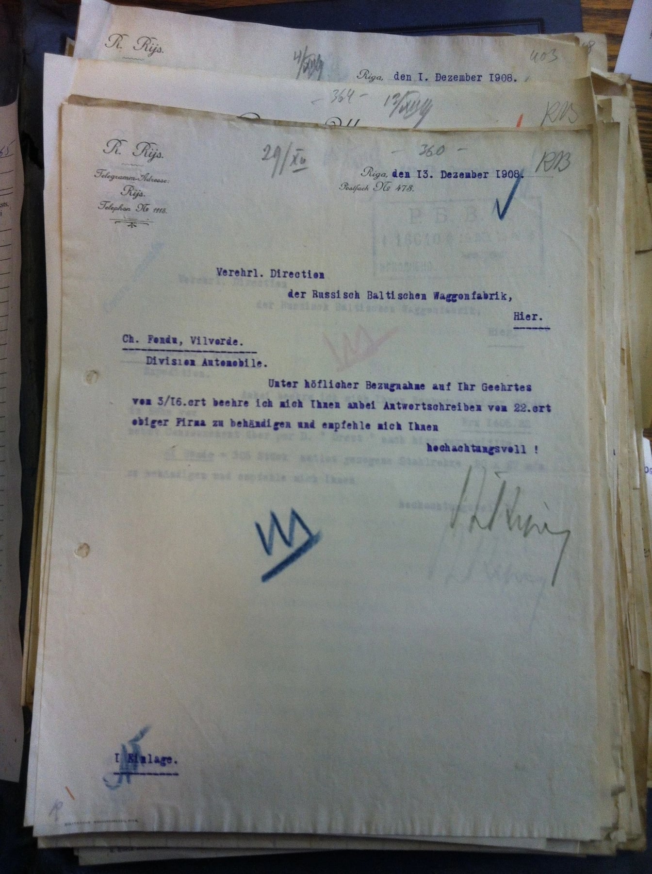 A 1908 letter addressed to the automobile division of the Russo-Baltic works, archive document