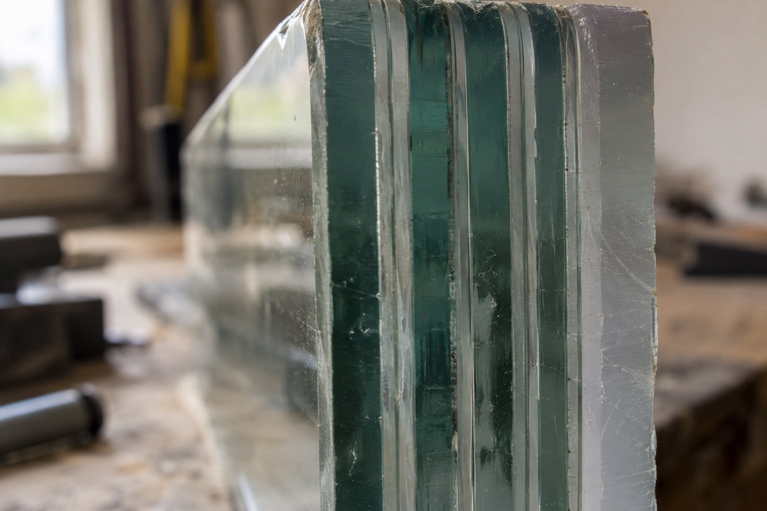 Extreme close-up of the edge of bullet-resistant glass, showing its laminated layers