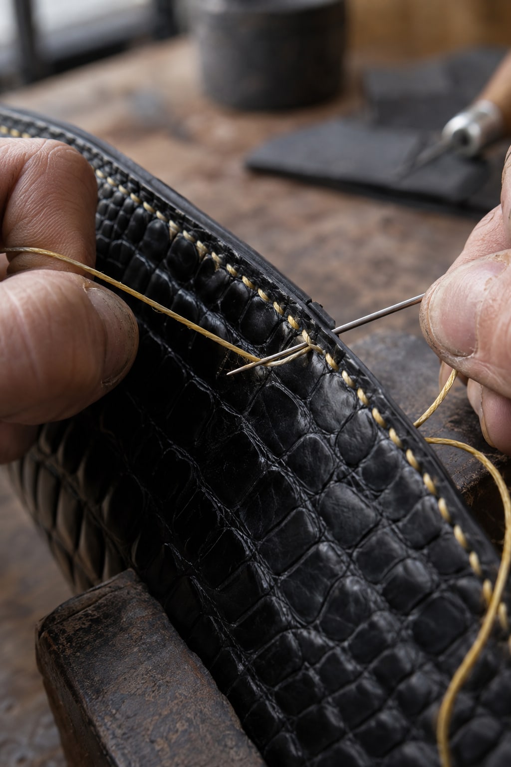 Très gros plan d’une couture à la main sur un cuir exotique