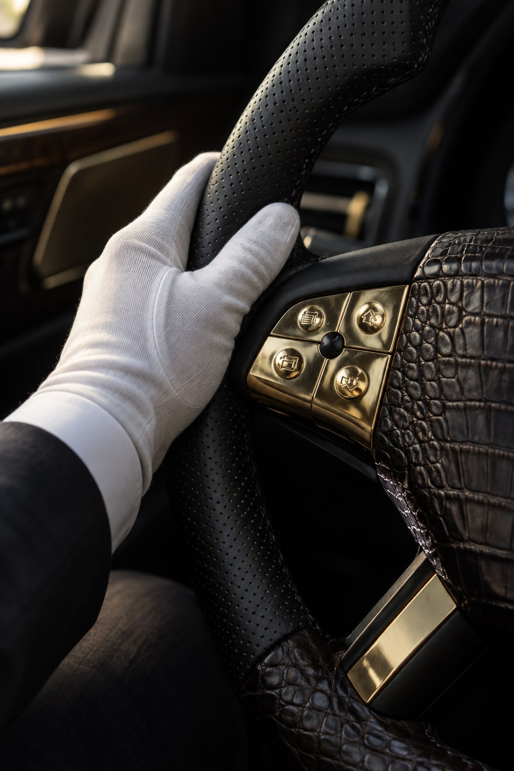 A white-gloved hand on a DARTZ steering wheel trimmed in crocodile leather