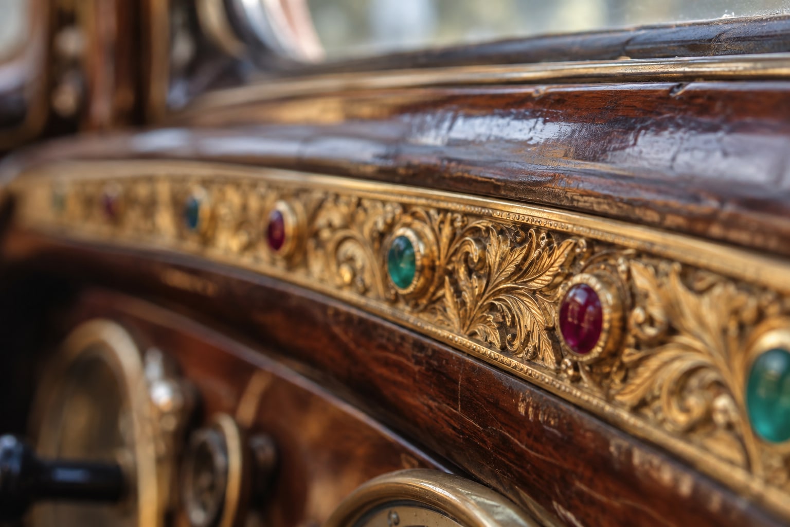 Gravierte Goldverzierung mit Rubinen und Smaragden am Holzarmaturenbrett eines historischen Automobils, Nahaufnahme