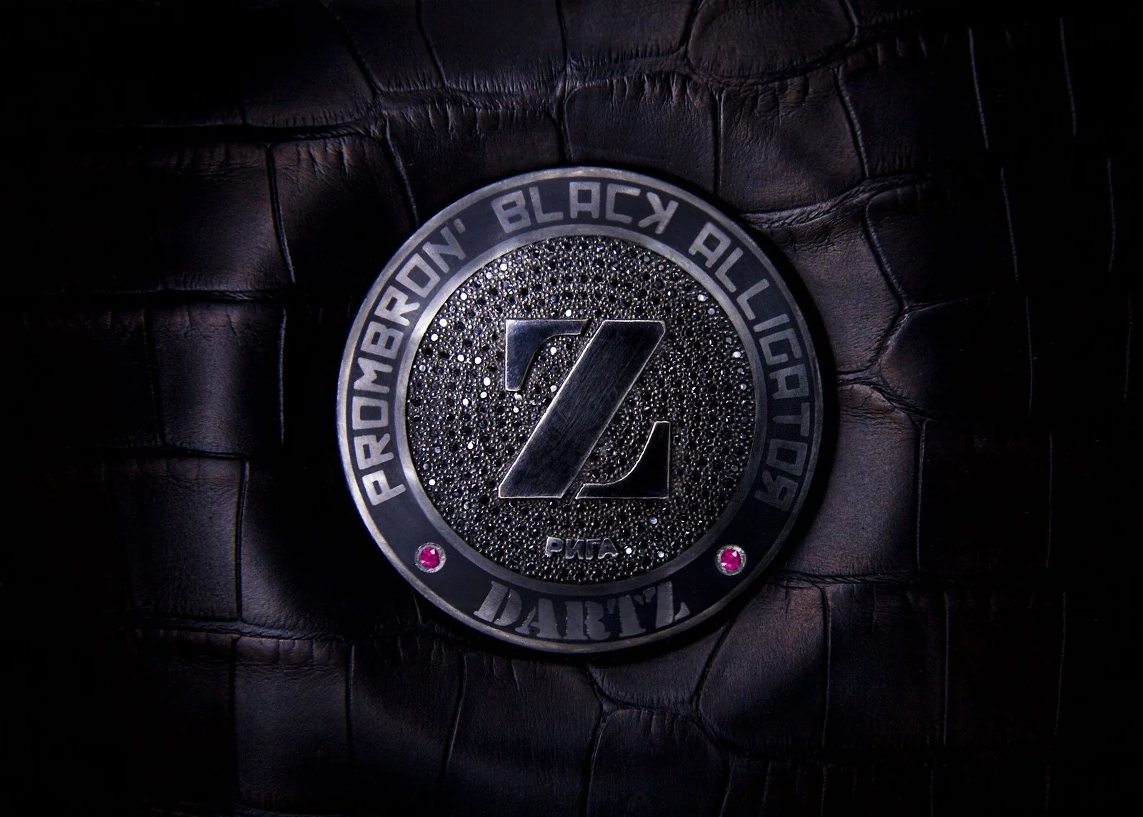 DARTZ Black Alligator 192-diamond, two-ruby steering-wheel badge