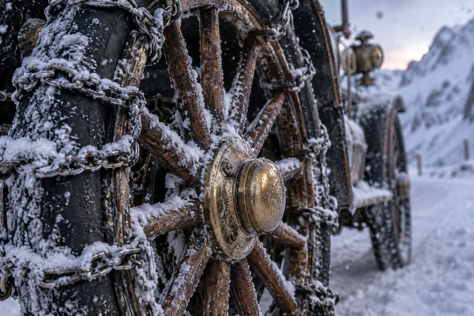 The wooden-spoked wheel of an antique touring car in snow chains on a snowy mountain pass