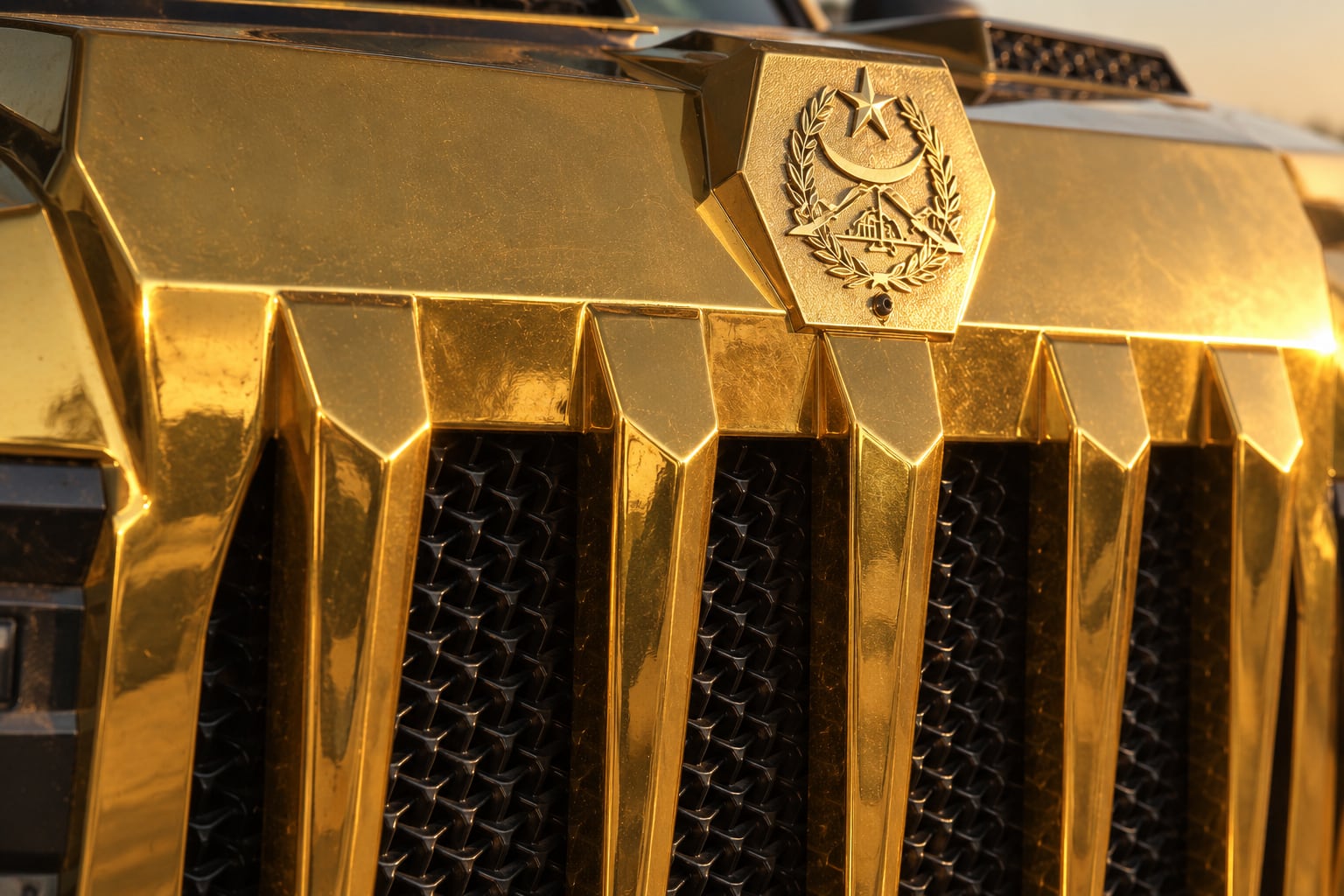 Gold Wadiyan crest on the Aladeen Edition grille, low evening sun