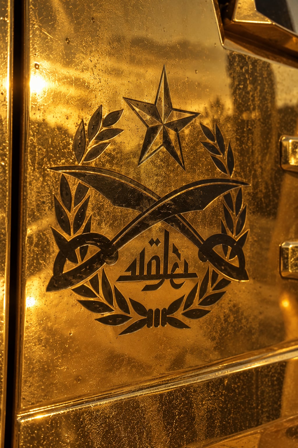 Wadiyan emblem engraved into the gold door, under raking light