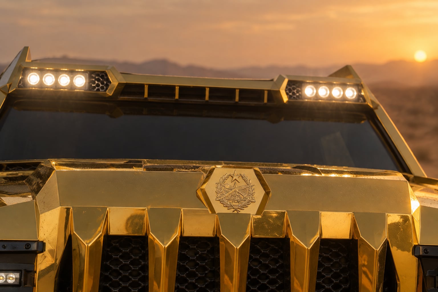 LED light bar above the gold grille of the Aladeen Edition at desert dusk