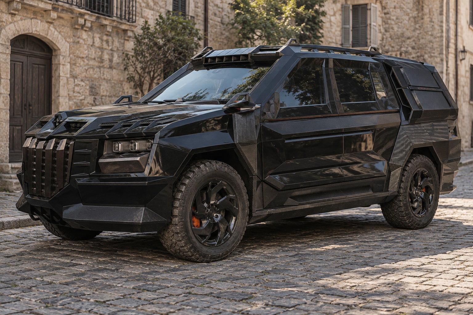A black DARTZ Prombron’ Black Alligator, an armoured BOND with a vertical-bar grille, parked on an old stone street