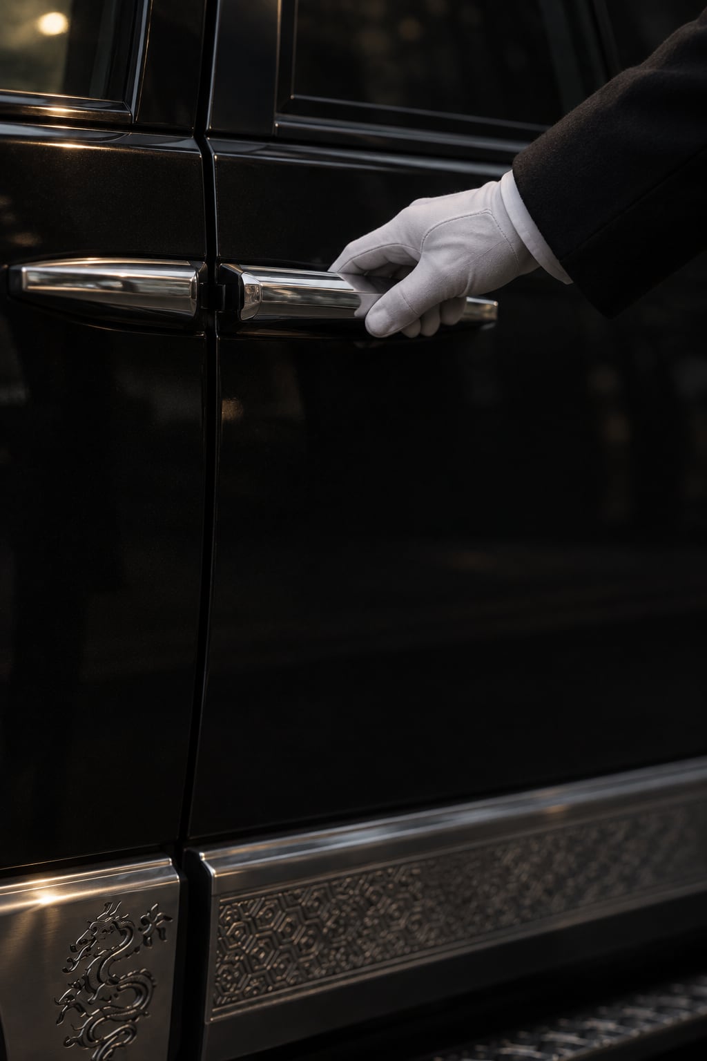 A chauffeur’s white glove on the coach-door handle of a DARTZ Black Dragon CLV