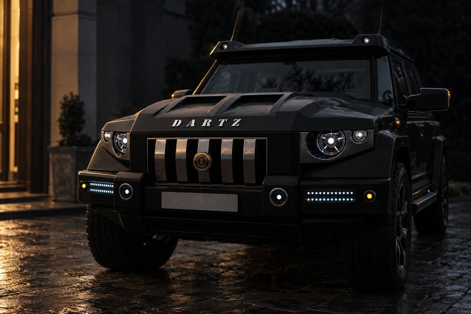 The DARTZ Prombron’ Black Dragon CLV at dusk, lit from an open doorway