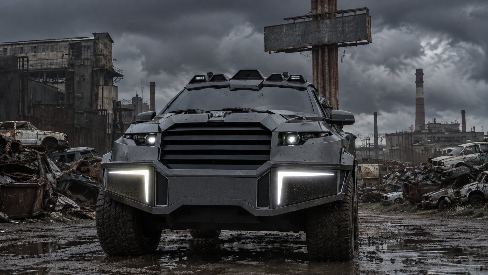 The DARTZ Prombron’ Black Shark head-on in an industrial yard, on heavy all-terrain tyres