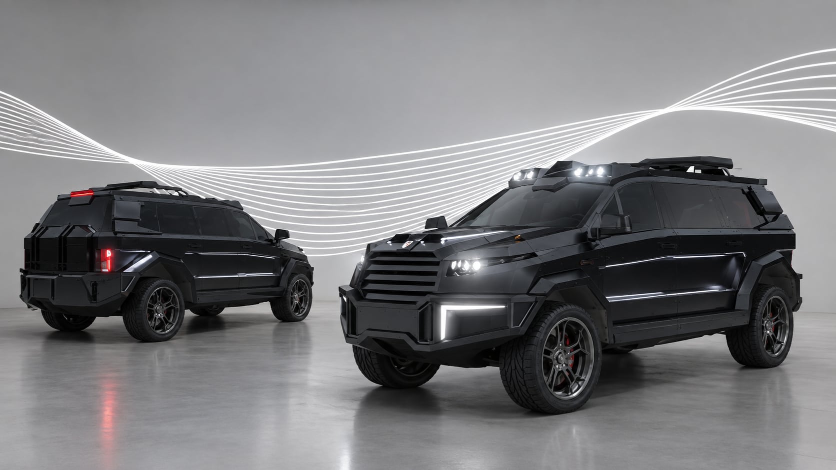 Two DARTZ Prombron’ Black Shark cars in a studio, front and rear three-quarter