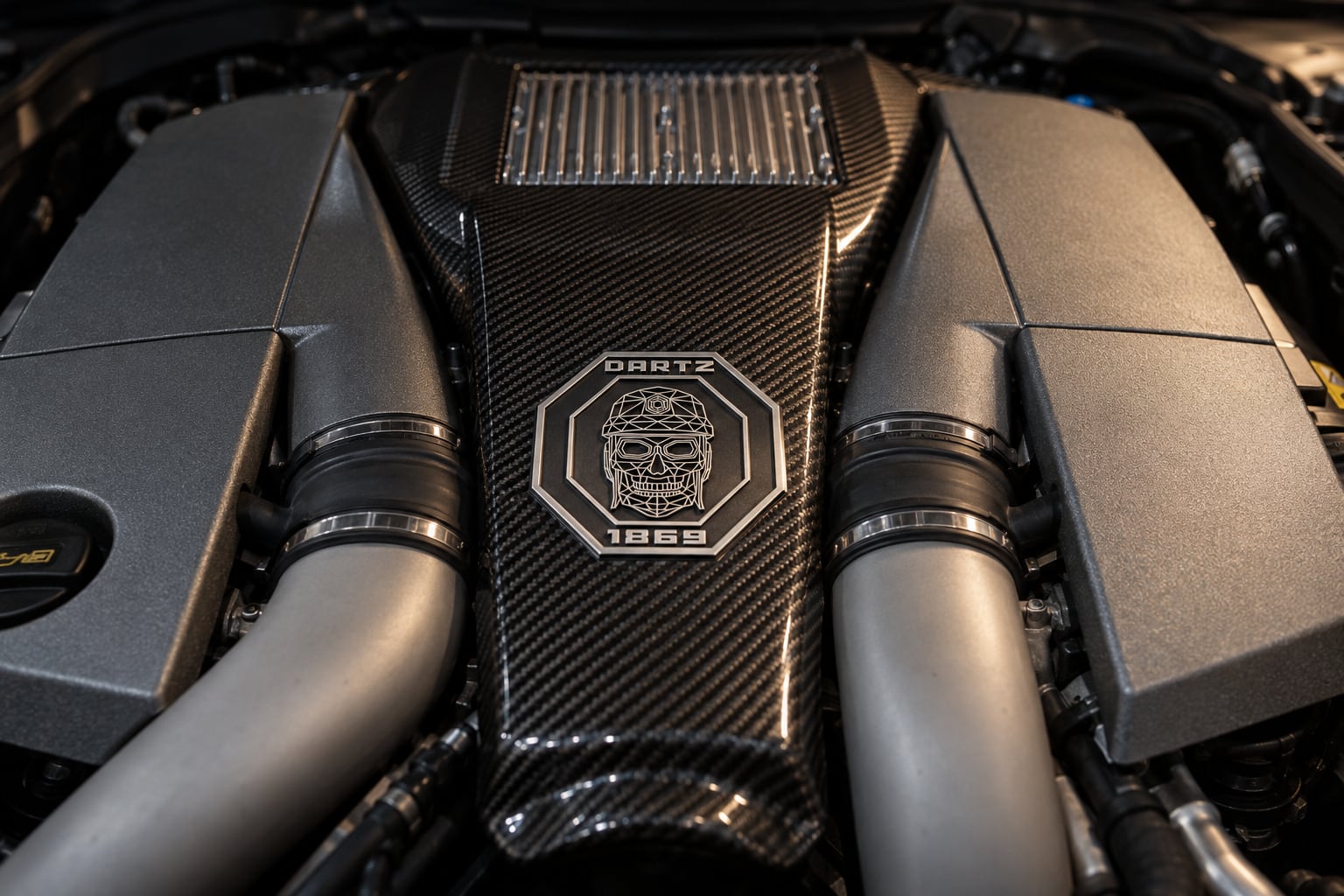 The carbon engine cover of the Black Snake, with the DARTZ skull crest cast in metal