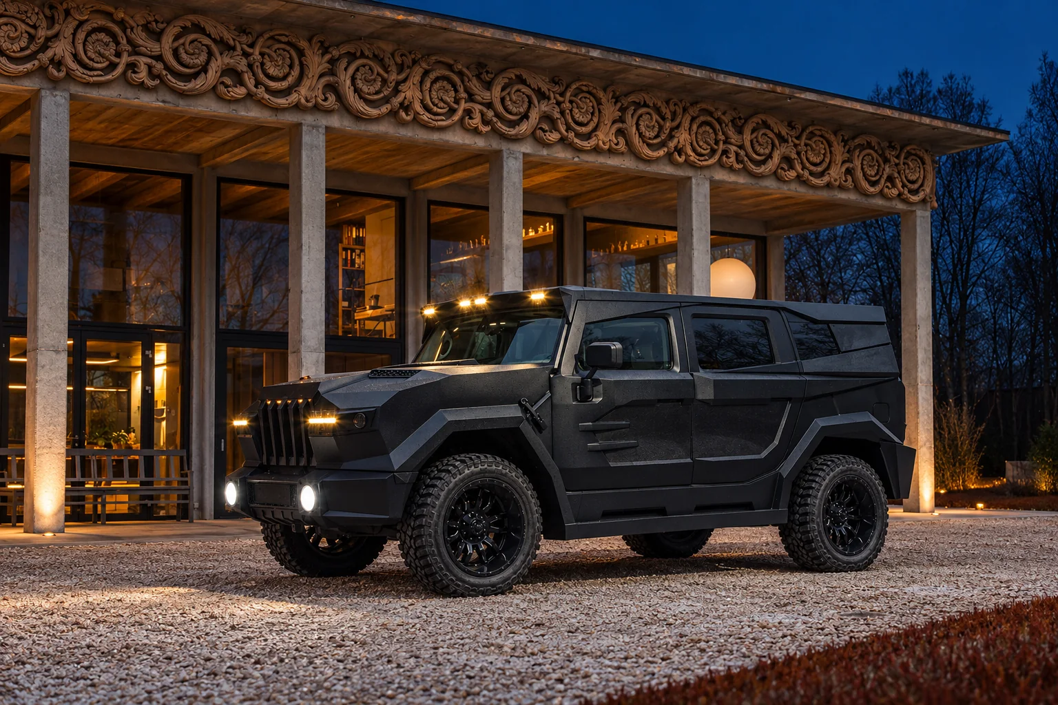 DARTZ Prombron Black Stallion outside the DARTZ pavilion at dusk