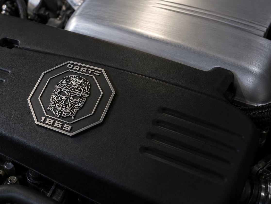 DARTZ skull crest on the engine cover of the Black Stallion’s twin-turbo V8