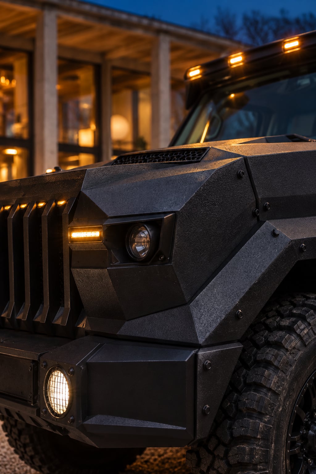 Grille, headlamp and amber roof lights of the Black Stallion at dusk