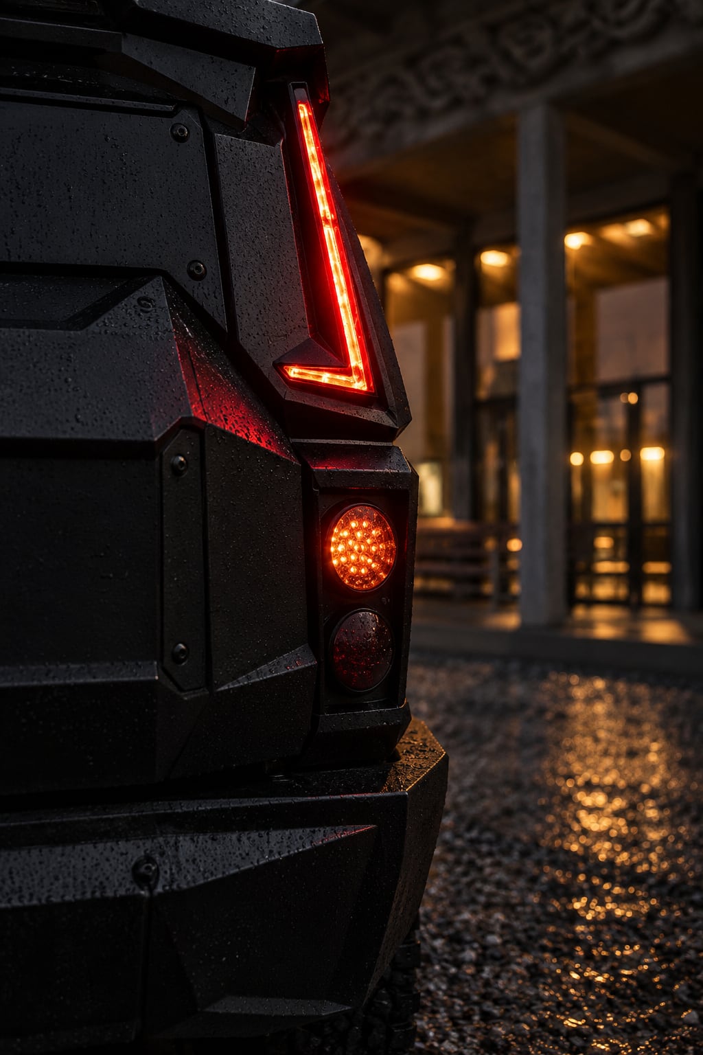 Vertical red tail light and armoured tailgate of the Black Stallion