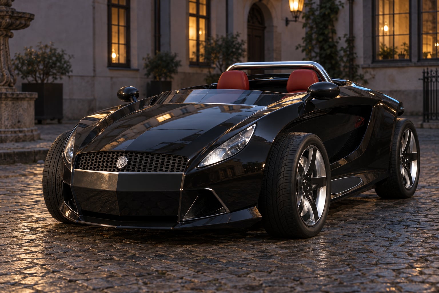 The DARTZ Jo-Mojo roadster in black with red seats, in a Riga courtyard at dusk