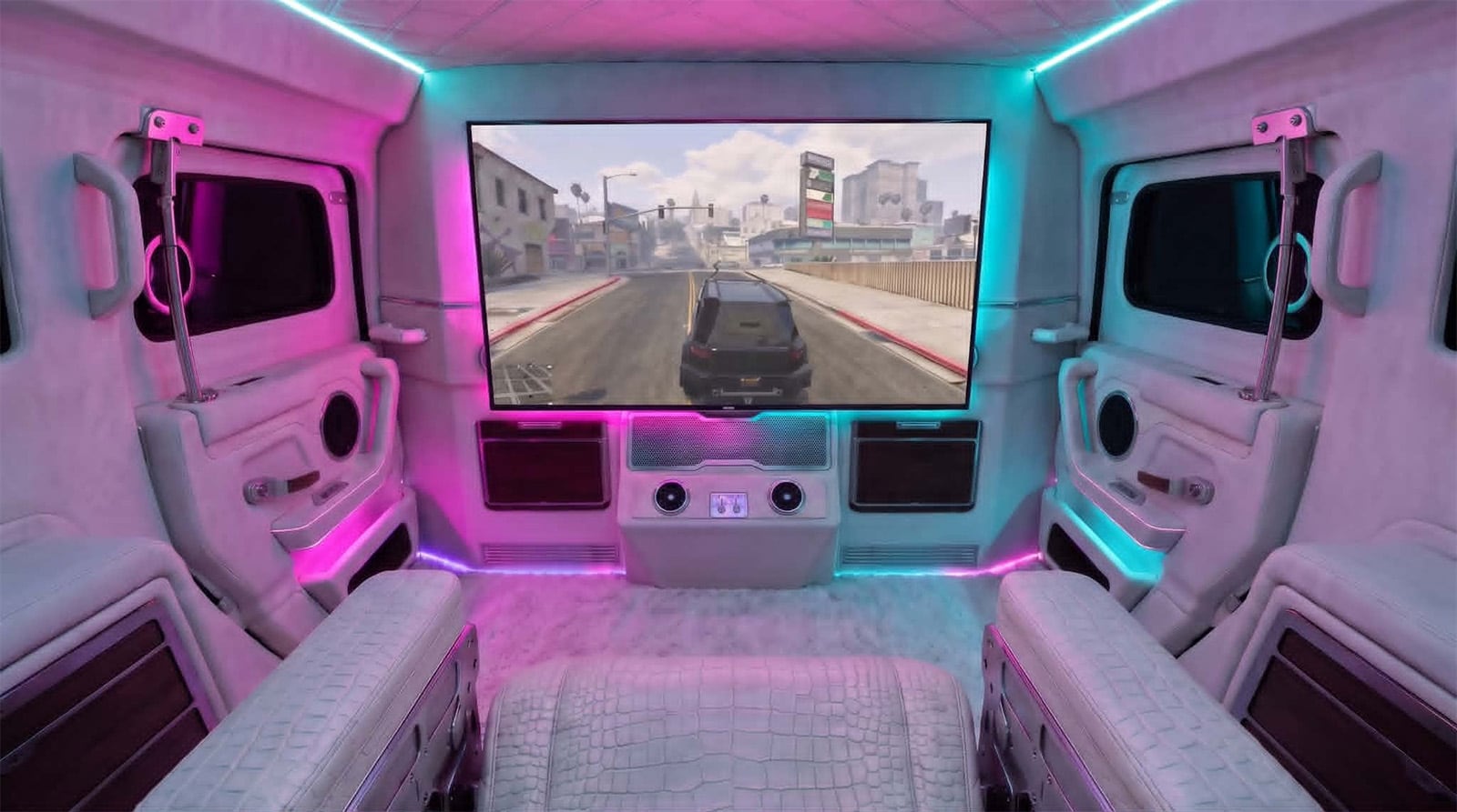 The same cabin in its gaming lighting, pink and blue light along the roof and doors
