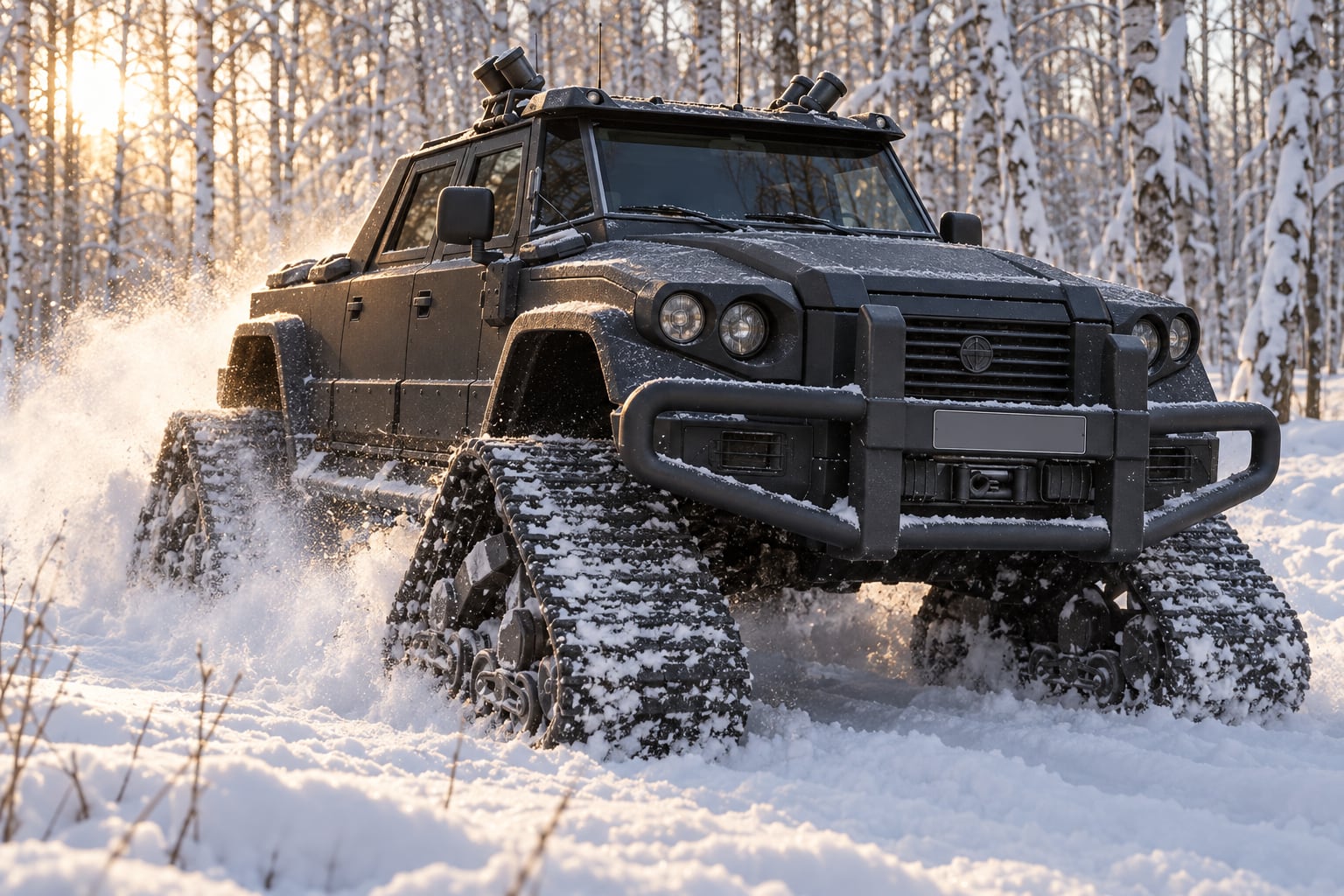 The DARTZ Prombron’ Kegresse on rubber tracks in a snowy birch forest