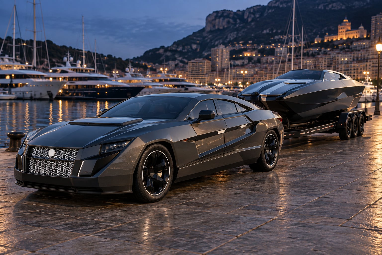 The DARTZ Prombron’ Nagel armoured sportback with its matching powerboat on a Monaco quay