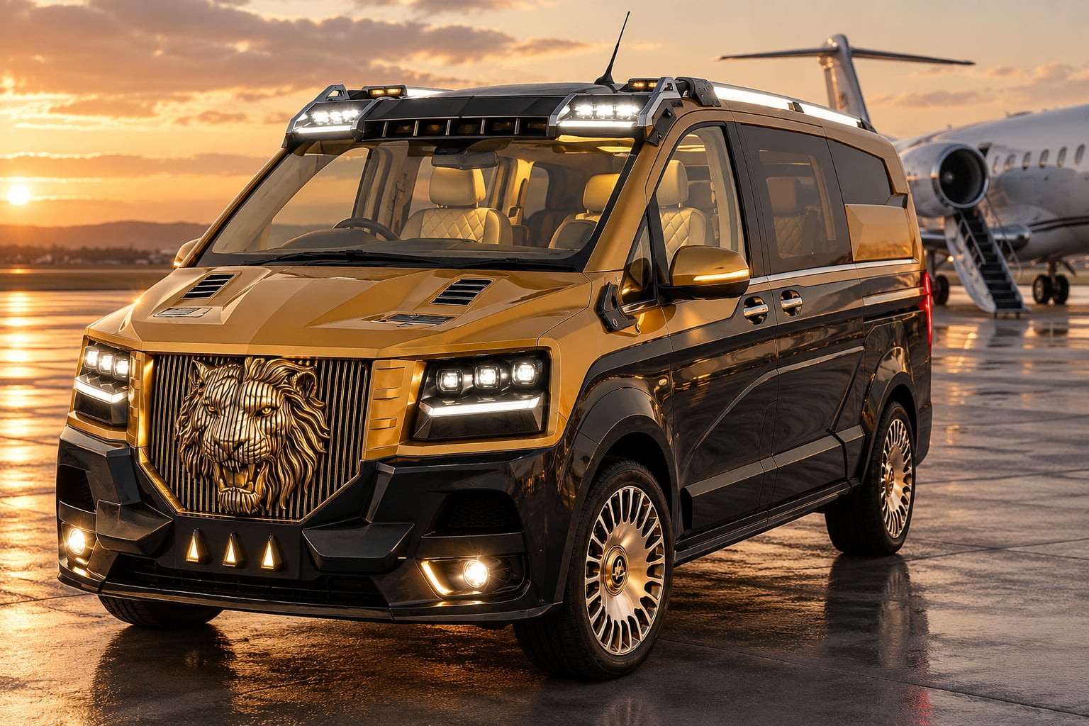 The DARTZ Pullman Shere Khan, a two-tone black and gold Mercedes V-Class with a tiger-crest grille, on an airport apron at dusk