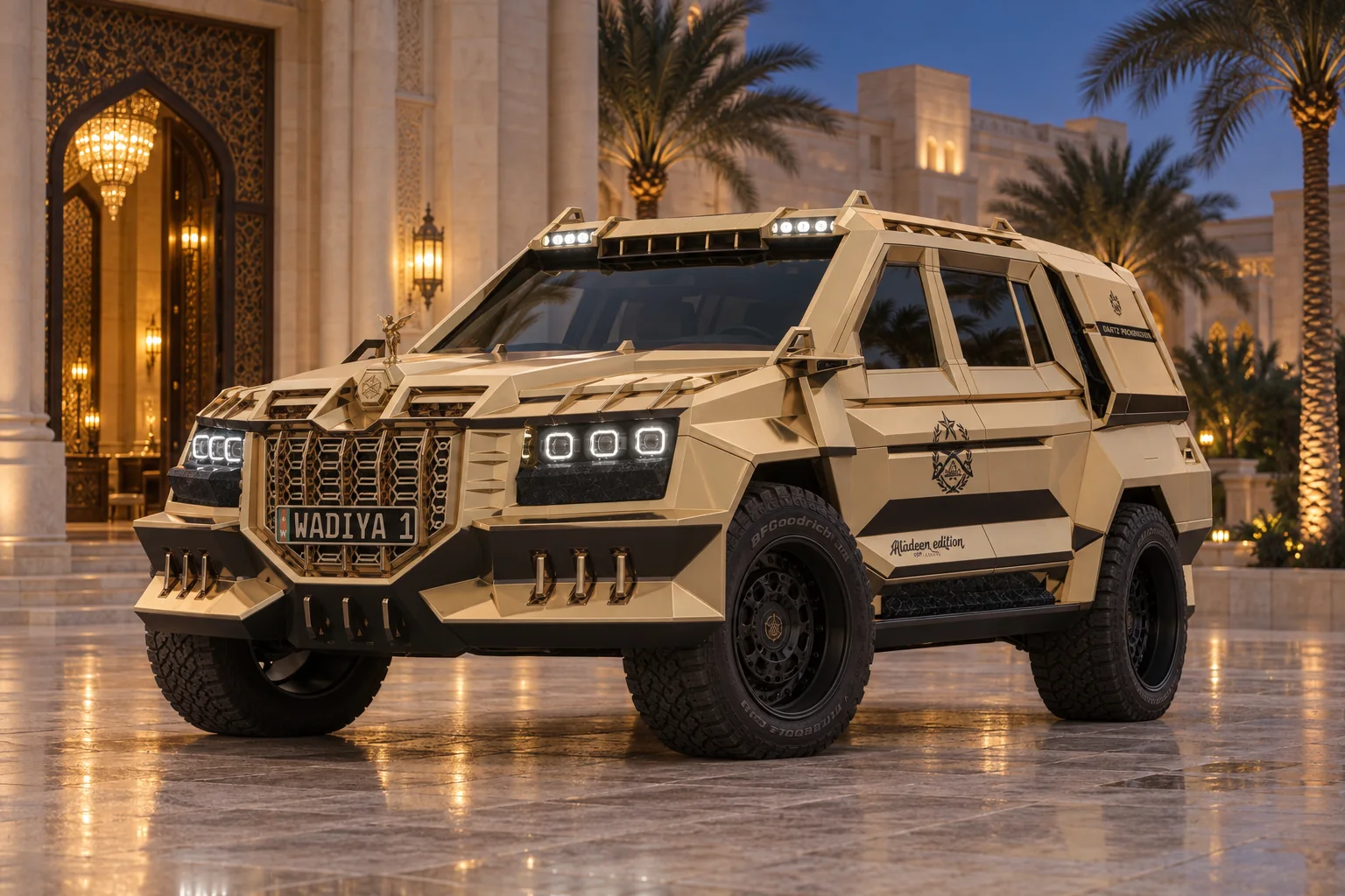 DARTZ Prombron The Dictator Aladeen Edition MMXXII in gold outside a palace at dusk